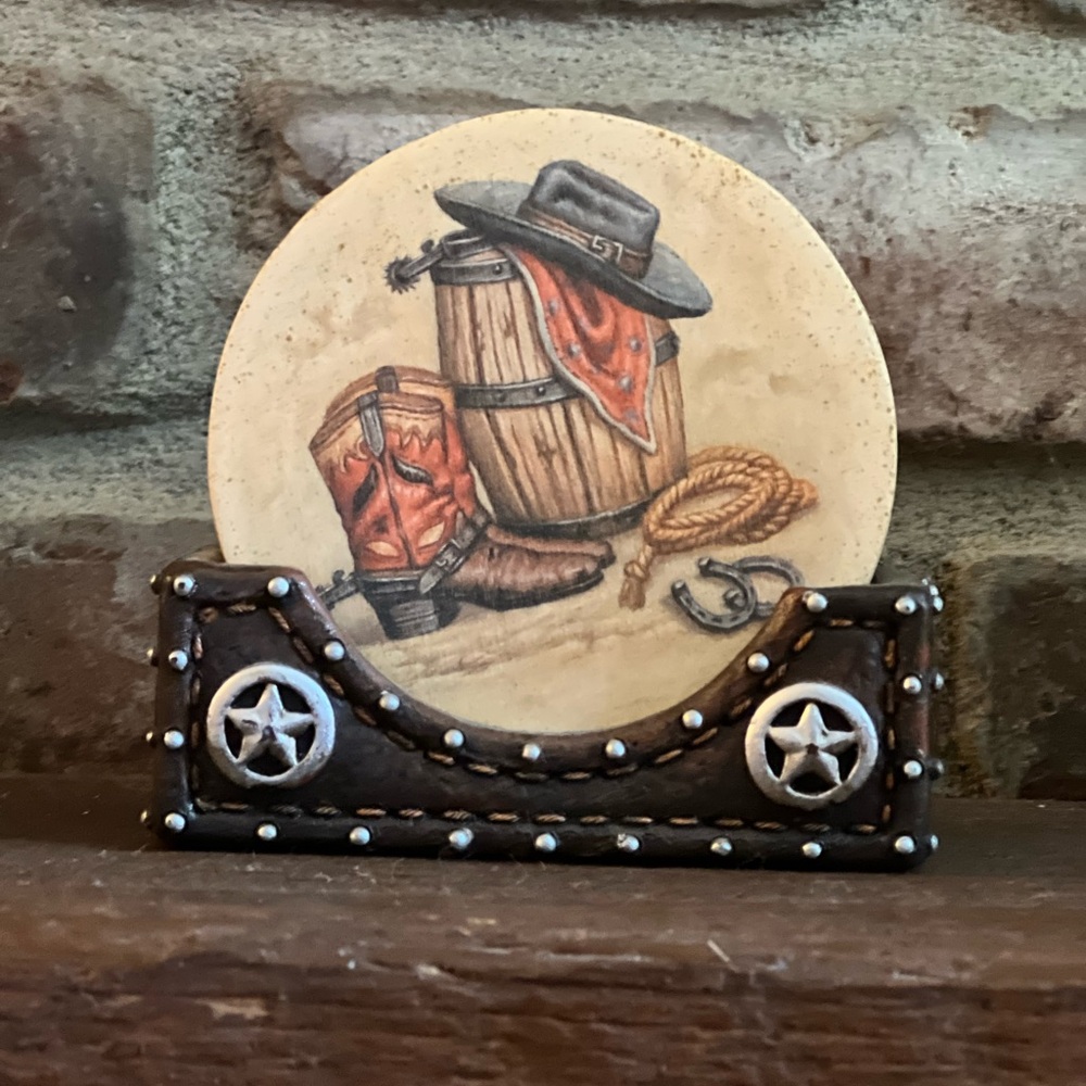 Western Themed Coaster Set of 4 with Holder